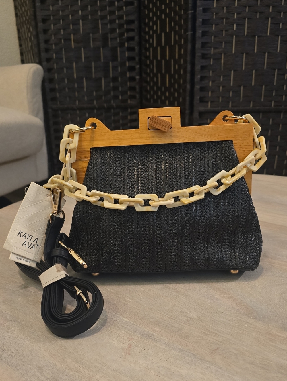 NWT Kayla + Ava Black Woven Wood Frame Clutch Crossbody Bag Vegan